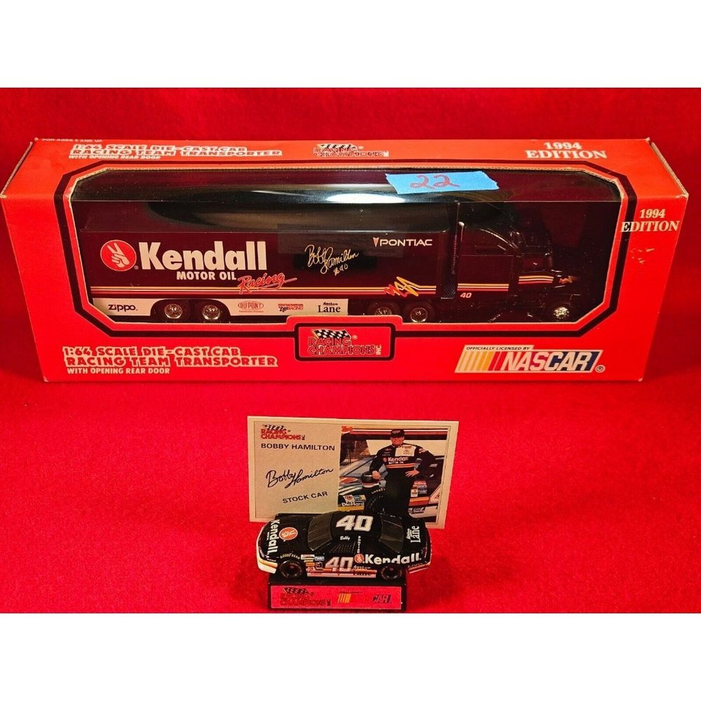 BOBBY HAMILTON NASCAR TRANSPORTER BUNDLE w/MATCHING STOCKCAR & PLAYER CARD Black